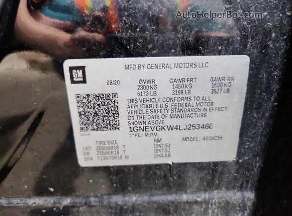 1GNEVGKW4LJ253460 2020 CHEVROLET TRAVERSE Black VIN sticker view