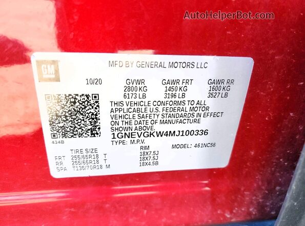 1GNEVGKW4MJ100336 2021 CHEVROLET TRAVERSE Темно-бордовый Вид наклейки с VIN-кодом