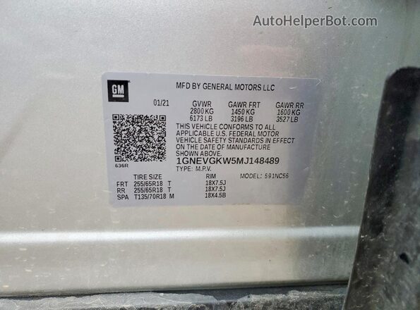 1GNEVGKW5MJ148489 2021 CHEVROLET TRAVERSE Silver Vista de la etiqueta del VIN