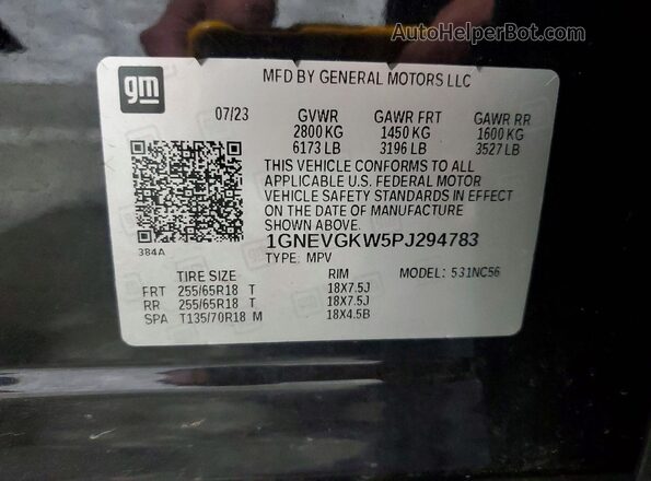 1GNEVGKW5PJ294783 2023 CHEVROLET TRAVERSE Black Vista de la etiqueta del VIN