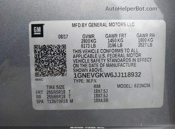 1GNEVGKW6JJ118932 2018 CHEVROLET TRAVERSE Gray Engine compartment view