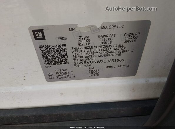 1GNEVGKW7LJ261360 2020 CHEVROLET TRAVERSE White Вид підкапотного простору