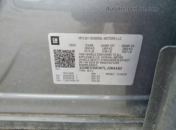 1GNEVGKW7LJ264162 2020 CHEVROLET TRAVERSE Gray VIN կոդի պիտակի տեսք