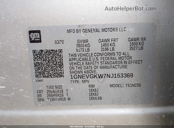 1GNEVGKW7NJ153369 2022 CHEVROLET TRAVERSE Silver Engine compartment view