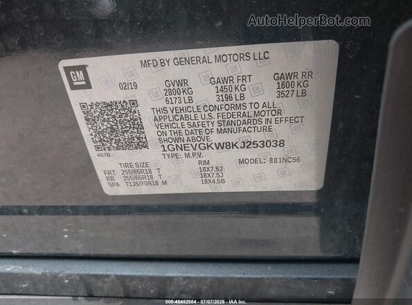 1GNEVGKW8KJ253038 2019 CHEVROLET TRAVERSE Gray Widok komory silnika