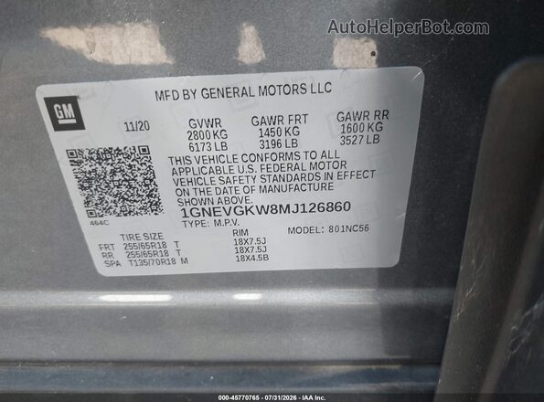 1GNEVGKW8MJ126860 2021 CHEVROLET TRAVERSE Silver ძრავის განყოფილების ხედი