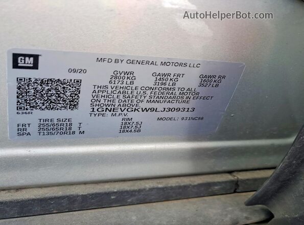 1GNEVGKW9LJ309313 2020 CHEVROLET TRAVERSE Silver Панорамний вид салону 360°