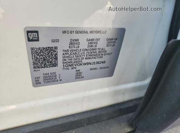 1GNEVGKW9NJ136248 2022 CHEVROLET TRAVERSE White სალონის 360-გრადუსიანი ხედი
