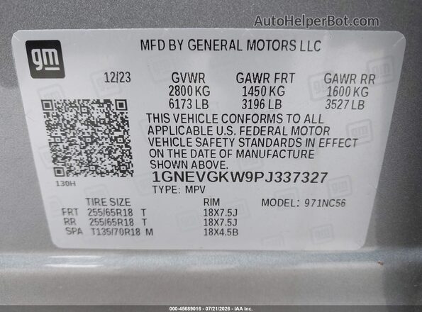 1GNEVGKW9PJ337327 2023 CHEVROLET TRAVERSE Gray Вид підкапотного простору
