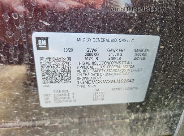 1GNEVGKWXMJ102642 2021 CHEVROLET TRAVERSE Maroon Vista de la etiqueta del VIN