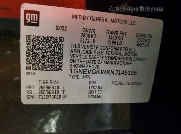 1GNEVGKWXNJ145105 2022 CHEVROLET TRAVERSE Черный Вид наклейки с VIN-кодом