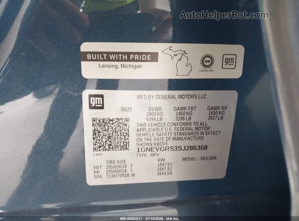 1GNEVGRS3SJ286368 2025 CHEVROLET TRAVERSE Blue ძრავის განყოფილების ხედი
