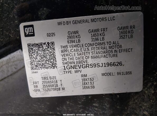 1GNEVGRS9SJ196626 2025 CHEVROLET TRAVERSE Black ძრავის განყოფილების ხედი