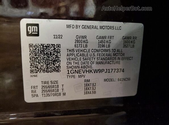 1GNEVHKW9PJ177374 2023 CHEVROLET TRAVERSE Burgundy VIN կոդի պիտակի տեսք