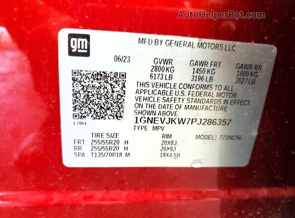 1GNEVJKW7PJ286357 2023 CHEVROLET TRAVERSE Red VIN կոդի պիտակի տեսք