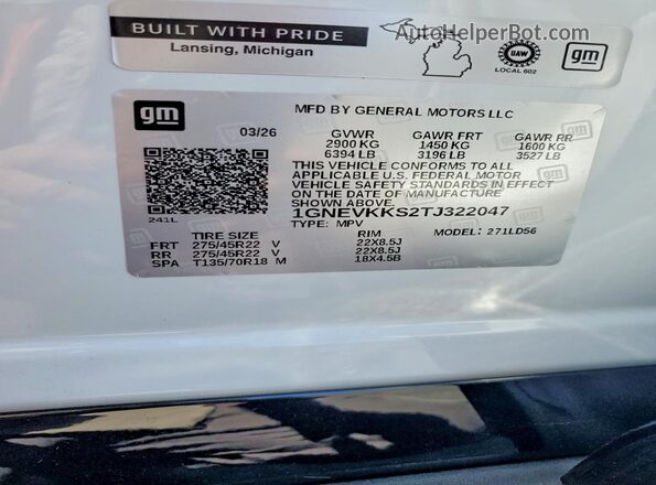 1GNEVKKS2TJ322047 2026 CHEVROLET TRAVERSE White VIN կոդի պիտակի տեսք