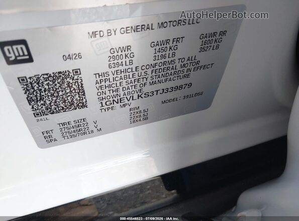 1GNEVLKS3TJ339879 2026 CHEVROLET TRAVERSE White Շարժիչի բաժամունքի տեսք