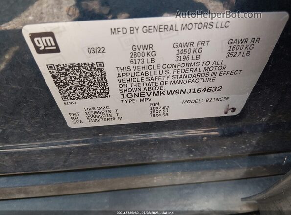 1GNEVMKW9NJ164632 2022 CHEVROLET TRAVERSE Dark Blue ძრავის განყოფილების ხედი