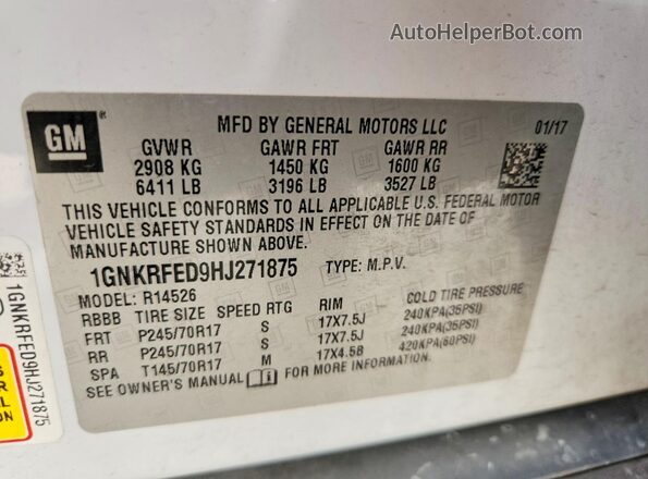 1GNKRFED9HJ271875 2017 CHEVROLET TRAVERSE White Vista de la etiqueta del VIN