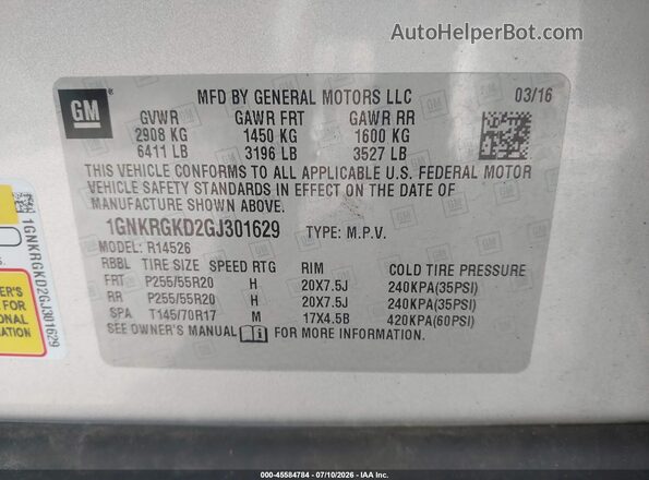 1GNKRGKD2GJ301629 2016 CHEVROLET TRAVERSE Silver Вид підкапотного простору
