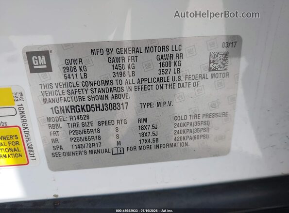 1GNKRGKD5HJ308317 2017 CHEVROLET TRAVERSE White Вид підкапотного простору