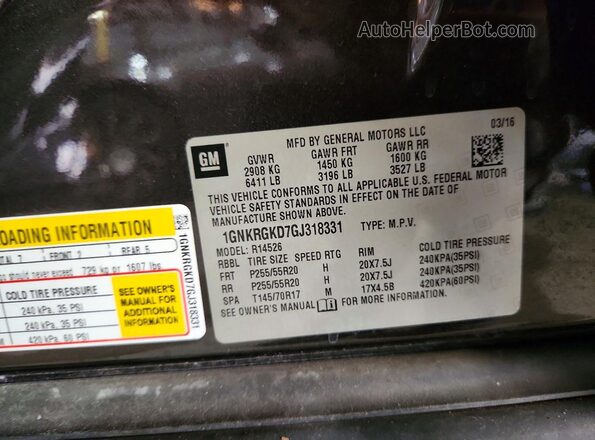 1GNKRGKD7GJ318331 2016 CHEVROLET TRAVERSE Gray Вид наклейки з VIN-кодом