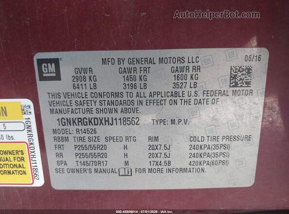 1GNKRGKDXHJ118562 2017 CHEVROLET TRAVERSE Red Vista del compartimento del motor