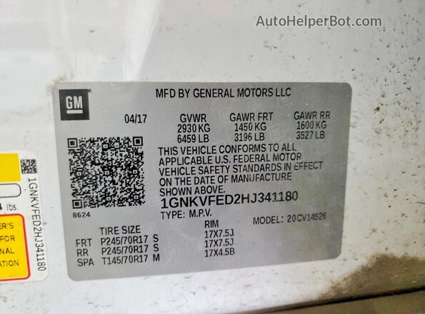 1GNKVFED2HJ341180 2017 CHEVROLET TRAVERSE White VIN კოდის სტიკერის ხედი