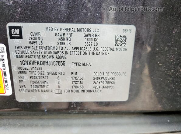 1GNKVFKD0HJ107656 2017 CHEVROLET TRAVERSE Charcoal Вид наклейки з VIN-кодом