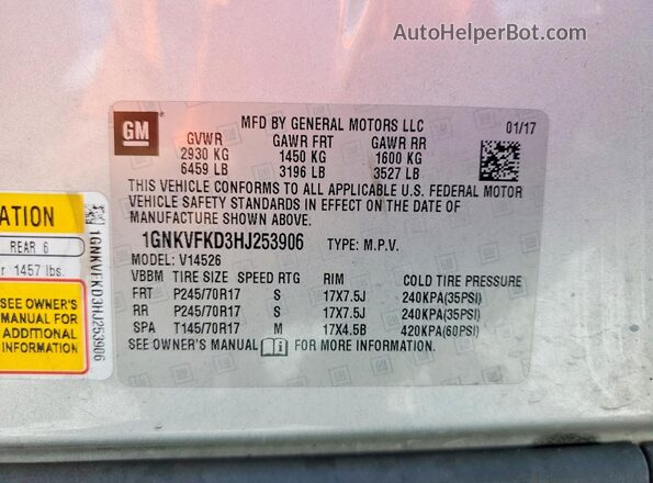 1GNKVFKD3HJ253906 2017 CHEVROLET TRAVERSE Silver Вид наклейки з VIN-кодом