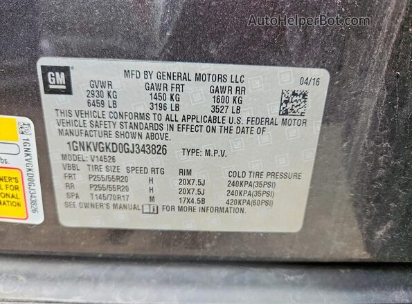1GNKVGKD0GJ343826 2016 CHEVROLET TRAVERSE Gray Widok naklejki z numerem VIN