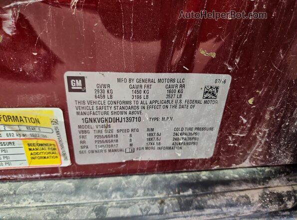 1GNKVGKD0HJ139710 2017 CHEVROLET TRAVERSE Burgundy Вид наклейки з VIN-кодом