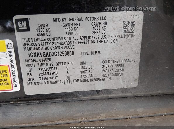 1GNKVGKD2GJ259880 2016 CHEVROLET TRAVERSE Black Engine compartment view