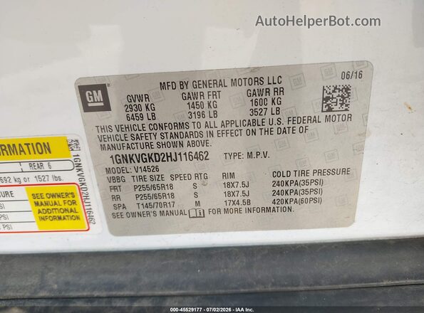 1GNKVGKD2HJ116462 2017 CHEVROLET TRAVERSE White Vista del compartimento del motor
