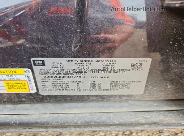 1GNKVGKD2HJ177780 2017 CHEVROLET TRAVERSE Charcoal VIN sticker view