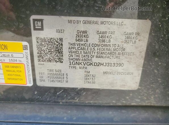 1GNKVGKD2HJ313390 2017 CHEVROLET TRAVERSE Black VIN კოდის სტიკერის ხედი