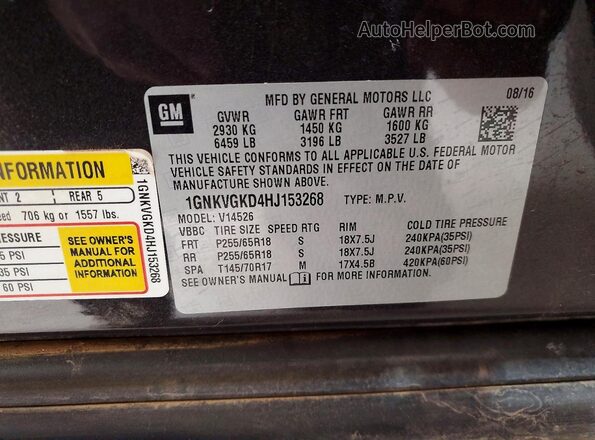 1GNKVGKD4HJ153268 2017 CHEVROLET TRAVERSE Black VIN კოდის სტიკერის ხედი
