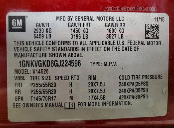 1GNKVGKD6GJ224596 2016 CHEVROLET TRAVERSE Maroon Widok naklejki z numerem VIN