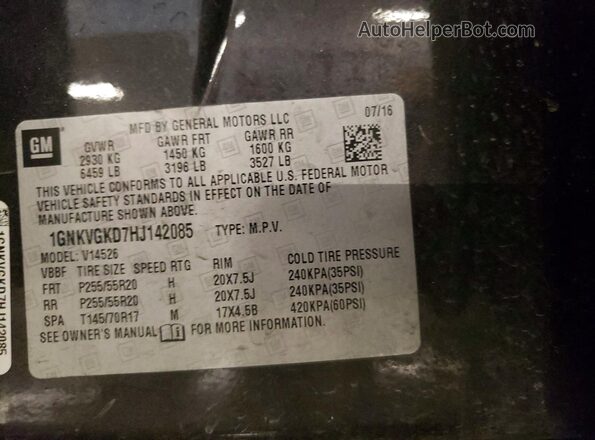 1GNKVGKD7HJ142085 2017 CHEVROLET TRAVERSE Charcoal VIN კოდის სტიკერის ხედი