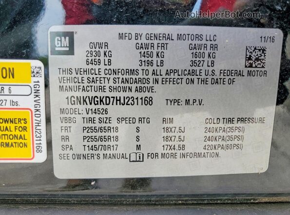 1GNKVGKD7HJ231168 2017 CHEVROLET TRAVERSE Black Vista de la etiqueta del VIN