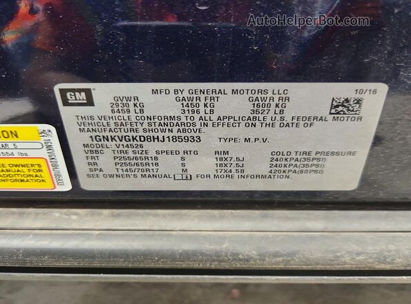 1GNKVGKD8HJ185933 2017 CHEVROLET TRAVERSE Blue Вид наклейки з VIN-кодом