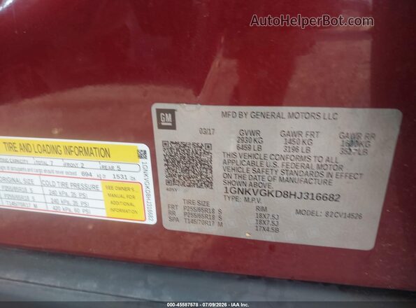 1GNKVGKD8HJ316682 2017 CHEVROLET TRAVERSE Red Շարժիչի բաժամունքի տեսք