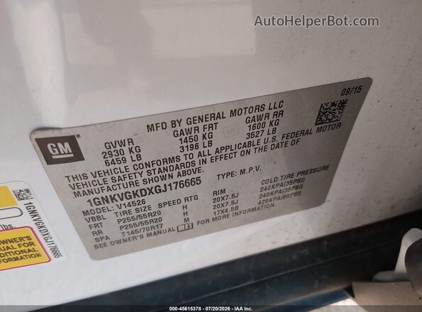 1GNKVGKDXGJ176665 2016 CHEVROLET TRAVERSE Белый Вид подкапотного пространства