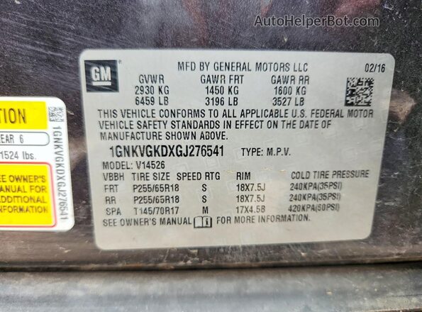 1GNKVGKDXGJ276541 2016 CHEVROLET TRAVERSE Gray VIN sticker view