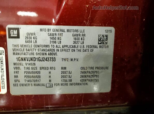 1GNKVJKD1GJ243733 2016 CHEVROLET TRAVERSE Maroon Вид наклейки з VIN-кодом