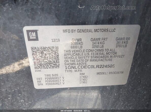 1GNLCDEC0LR224505 2020 CHEVROLET TAHOE Black Задня права чверть