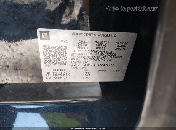 1GNLCDEC1LR247002 2020 CHEVROLET TAHOE Black ძრავის განყოფილების ხედი