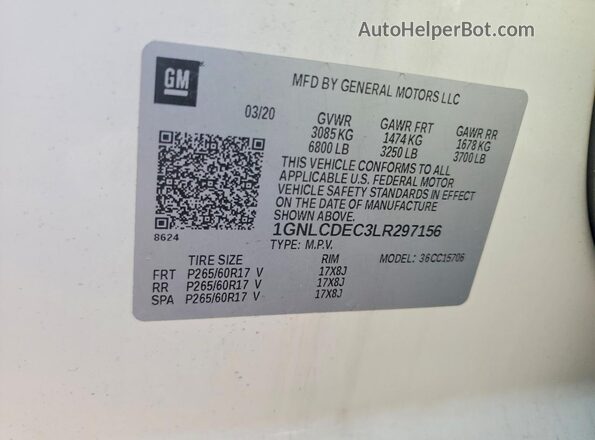 1GNLCDEC3LR297156 2020 CHEVROLET TAHOE White Widok wnętrza 360 stopni