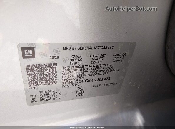 1GNLCDEC6KR201471 2019 CHEVROLET TAHOE Silver Widok komory silnika