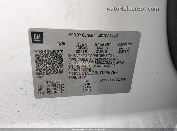 1GNLCDEC6LR246797 2020 CHEVROLET TAHOE White ძრავის განყოფილების ხედი